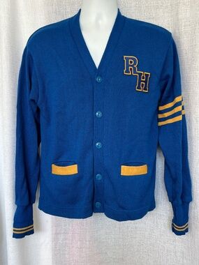 Varsity Letterman Sweater Cardigan Blue Gold RH Chest Patch Striped Trim XS Vtg